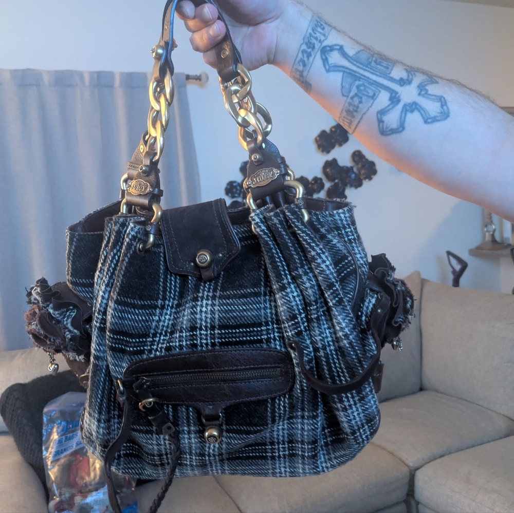 RARE Vintage Juicy Couture Plaid Black,Brown And White Royal Chain Purse.